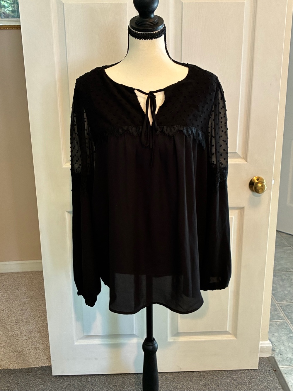 Gibson Black Sheer Swiss Dot Tie-Neck Blouse